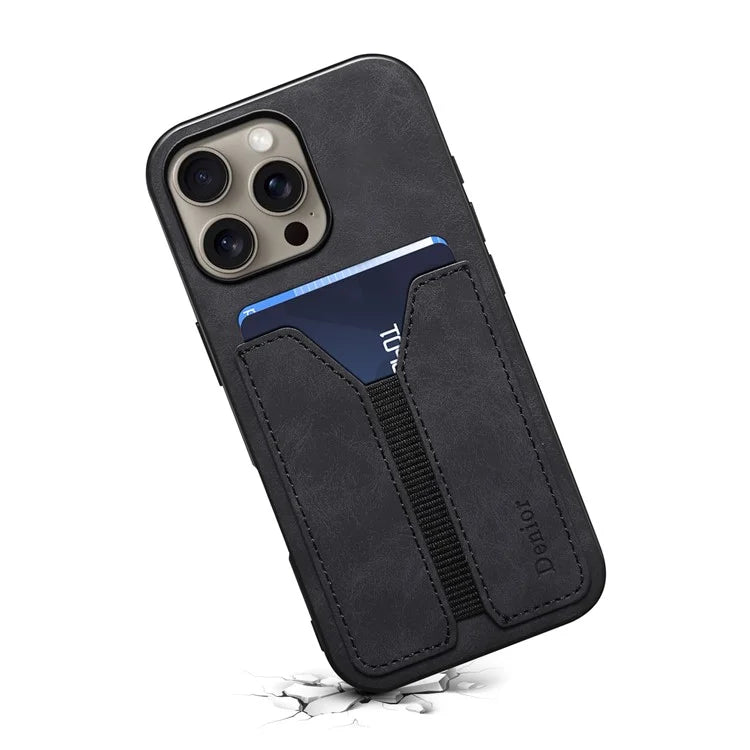 DENIOR For iPhone 16 Pro Case Elastic Card Holder PU Leather+TPU+PC Phone Cover