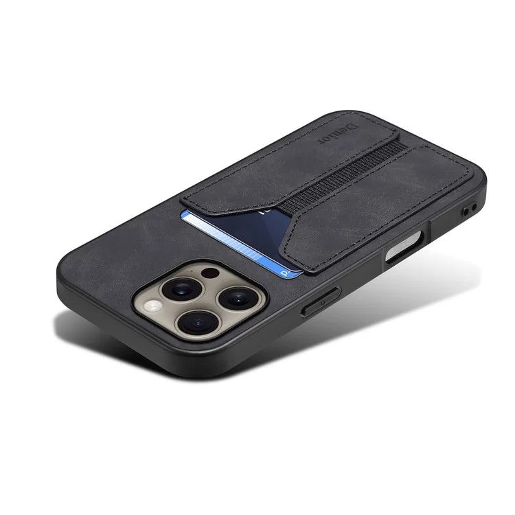 DENIOR For iPhone 16 Pro Case Elastic Card Holder PU Leather+TPU+PC Phone Cover