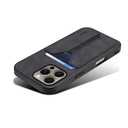DENIOR For iPhone 16 Pro Case Elastic Card Holder PU Leather+TPU+PC Phone Cover