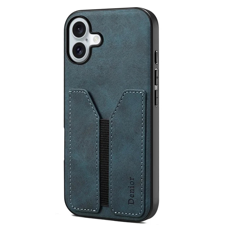 DENIOR For iPhone 16 Plus Case Elastic Card Holder PU Leather+TPU+PC Phone Cover