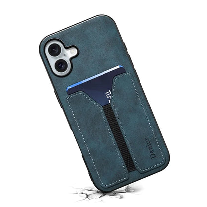 DENIOR For iPhone 16 Plus Case Elastic Card Holder PU Leather+TPU+PC Phone Cover
