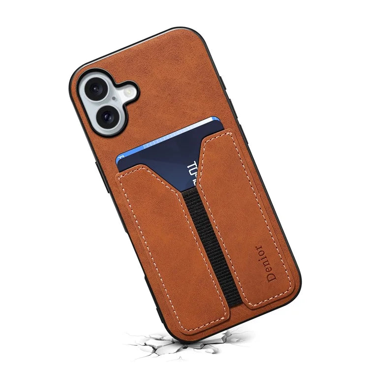 DENIOR For iPhone 16 Plus Case Elastic Card Holder PU Leather+TPU+PC Phone Cover
