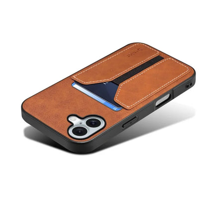 DENIOR For iPhone 16 Plus Case Elastic Card Holder PU Leather+TPU+PC Phone Cover