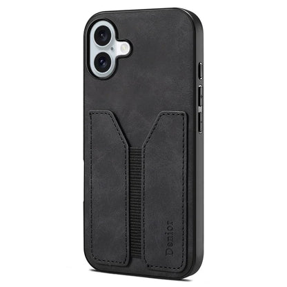 DENIOR For iPhone 16 Plus Case Elastic Card Holder PU Leather+TPU+PC Phone Cover