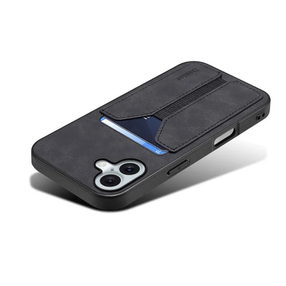 DENIOR For iPhone 16 Plus Case Elastic Card Holder PU Leather+TPU+PC Phone Cover
