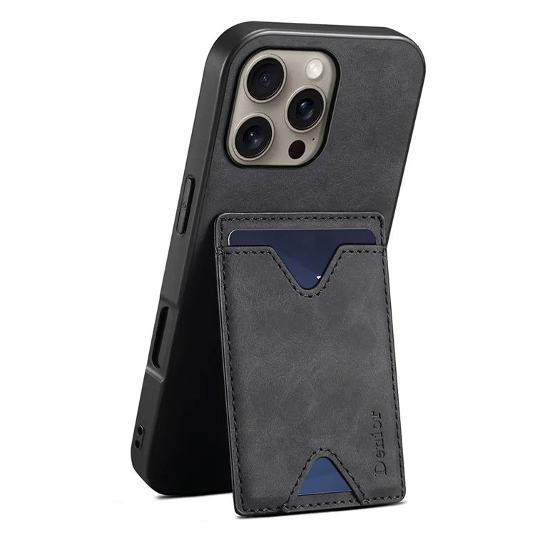 DENIOR For iPhone 16 Pro Max Case Leather+TPU Card Slot Kickstand Phone Cover