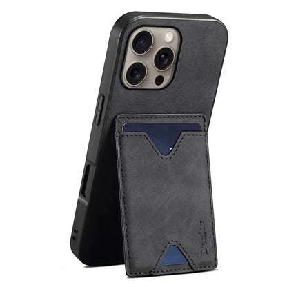 DENIOR For iPhone 16 Pro Max Case Leather+TPU Card Slot Kickstand Phone Cover