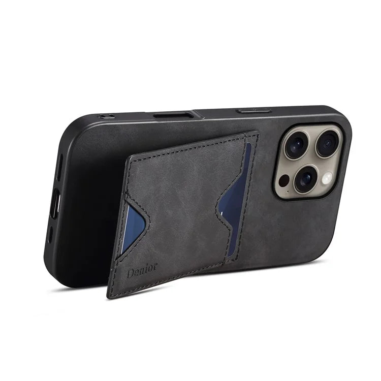 DENIOR For iPhone 16 Pro Max Case Leather+TPU Card Slot Kickstand Phone Cover
