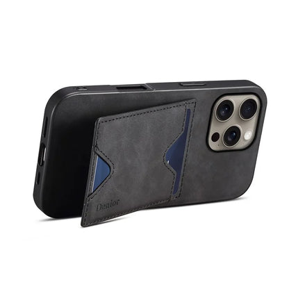 DENIOR For iPhone 16 Pro Max Case Leather+TPU Card Slot Kickstand Phone Cover
