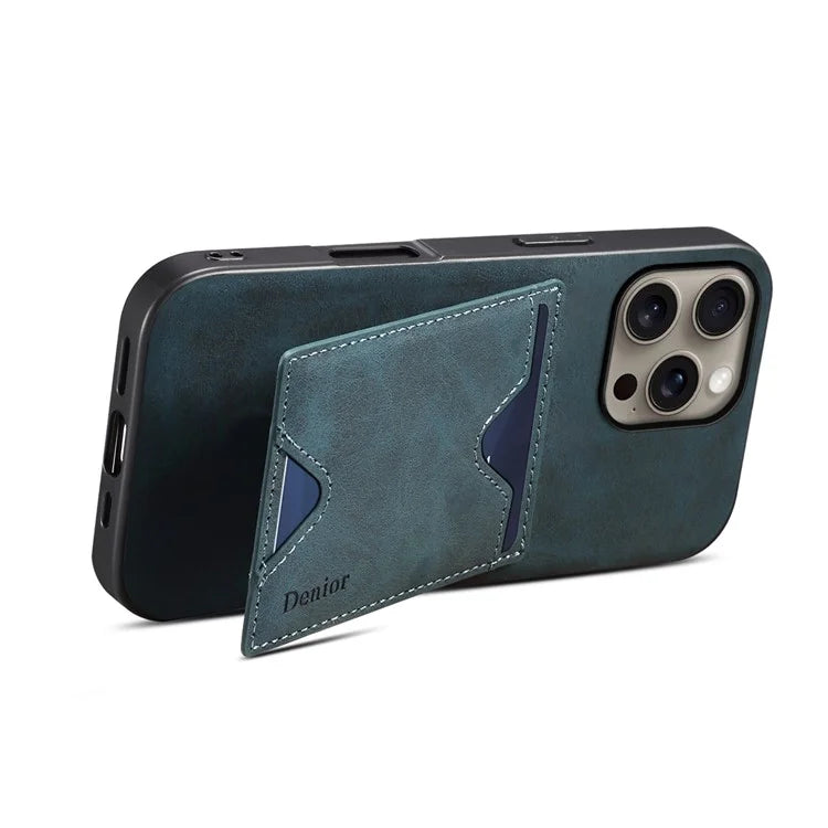 DENIOR For iPhone 16 Pro Max Case Leather+TPU Card Slot Kickstand Phone Cover