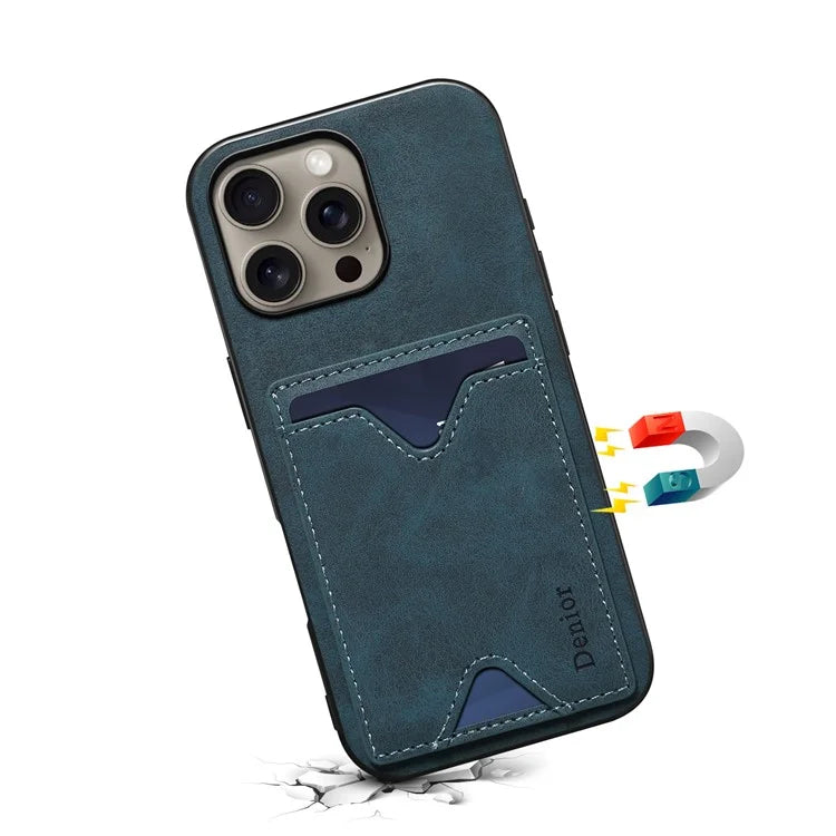 DENIOR For iPhone 16 Pro Max Case Leather+TPU Card Slot Kickstand Phone Cover