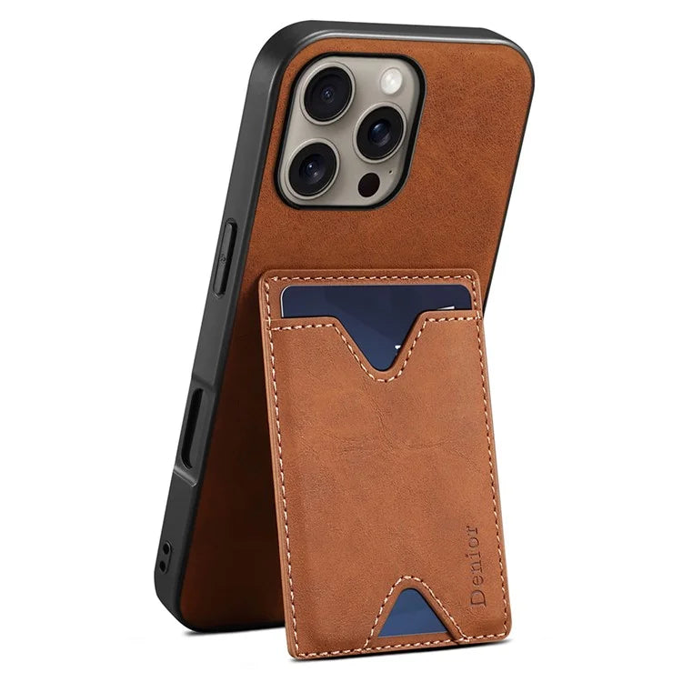 DENIOR For iPhone 16 Pro Max Case Leather+TPU Card Slot Kickstand Phone Cover
