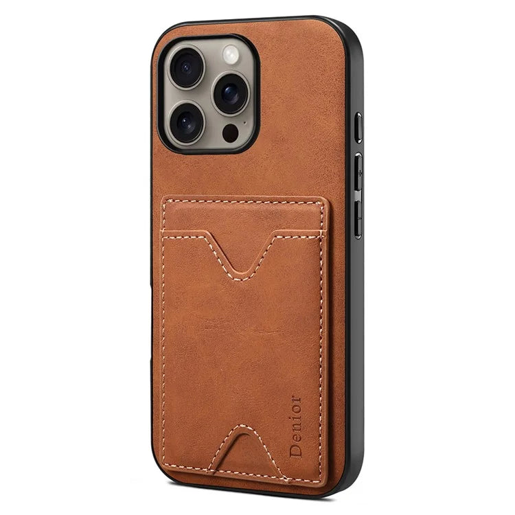DENIOR For iPhone 16 Pro Max Case Leather+TPU Card Slot Kickstand Phone Cover