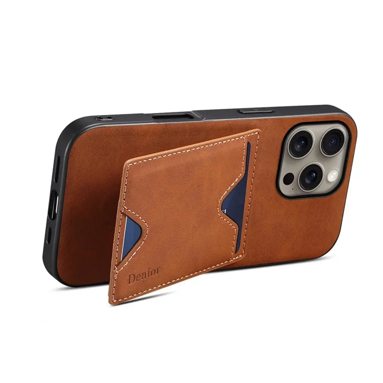 DENIOR For iPhone 16 Pro Max Case Leather+TPU Card Slot Kickstand Phone Cover