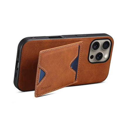 DENIOR For iPhone 16 Pro Max Case Leather+TPU Card Slot Kickstand Phone Cover