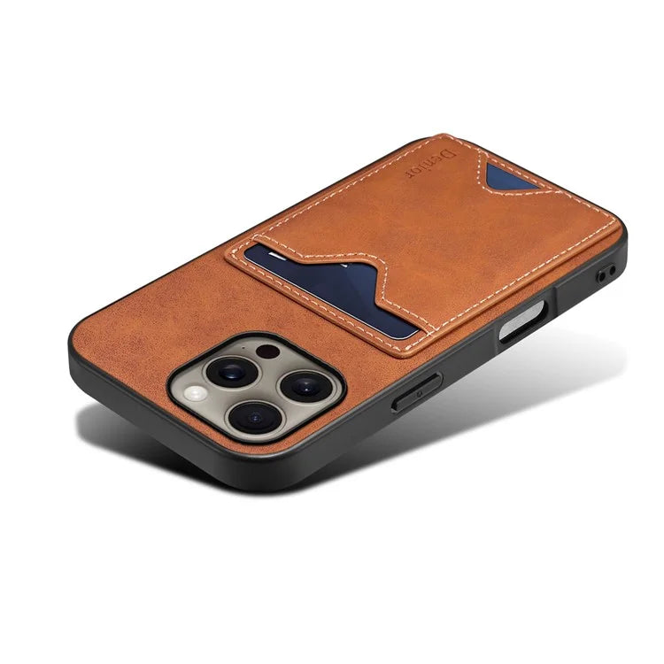 DENIOR For iPhone 16 Pro Max Case Leather+TPU Card Slot Kickstand Phone Cover
