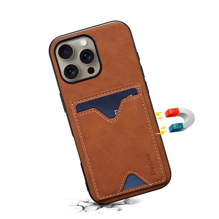 DENIOR For iPhone 16 Pro Max Case Leather+TPU Card Slot Kickstand Phone Cover