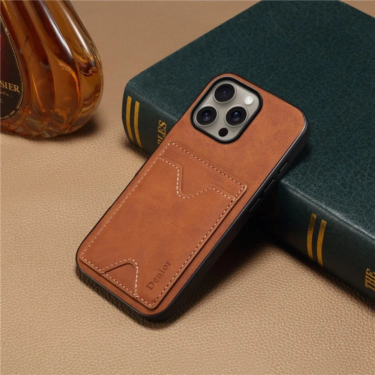 DENIOR For iPhone 16 Pro Max Case Leather+TPU Card Slot Kickstand Phone Cover