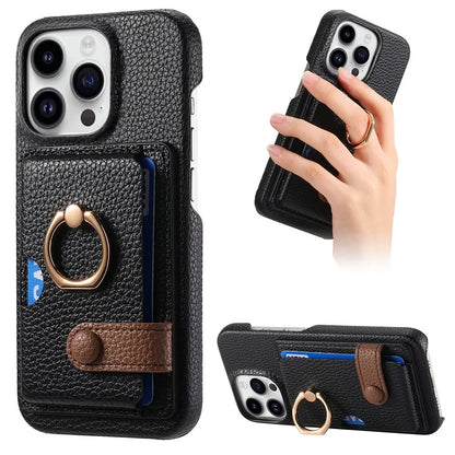Y2 For iPhone 16 Pro Max Case Ring Holder Kickstand Card Slot Leather Phone Back Cover