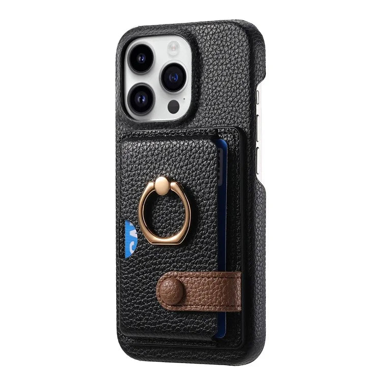 Y2 For iPhone 16 Pro Max Case Ring Holder Kickstand Card Slot Leather Phone Back Cover
