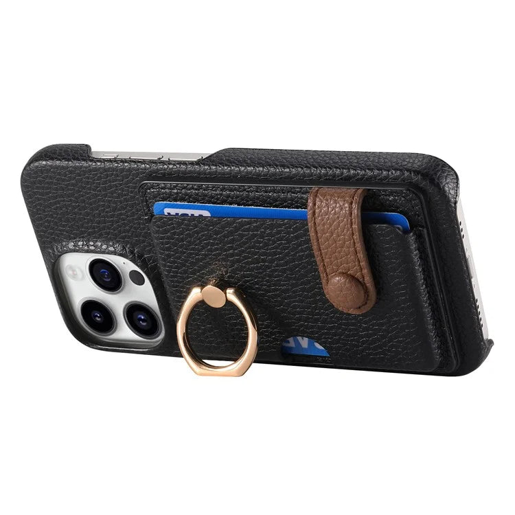 Y2 For iPhone 16 Pro Max Case Ring Holder Kickstand Card Slot Leather Phone Back Cover