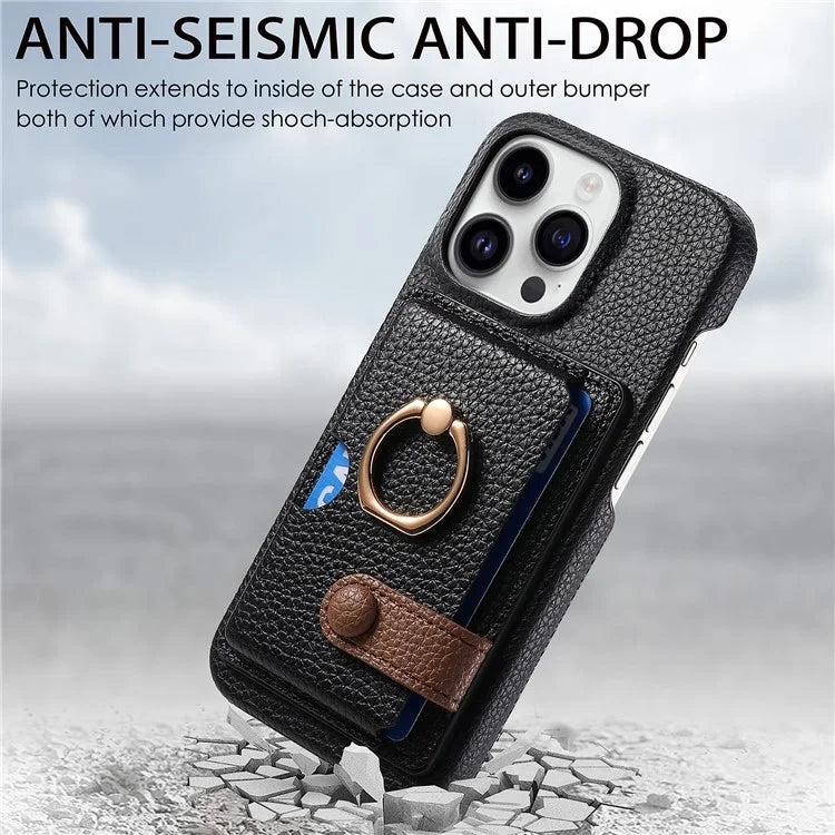 Y2 For iPhone 16 Pro Max Case Ring Holder Kickstand Card Slot Leather Phone Back Cover