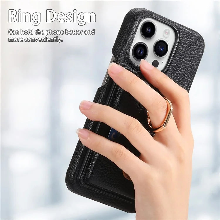 Y2 For iPhone 16 Pro Max Case Ring Holder Kickstand Card Slot Leather Phone Back Cover