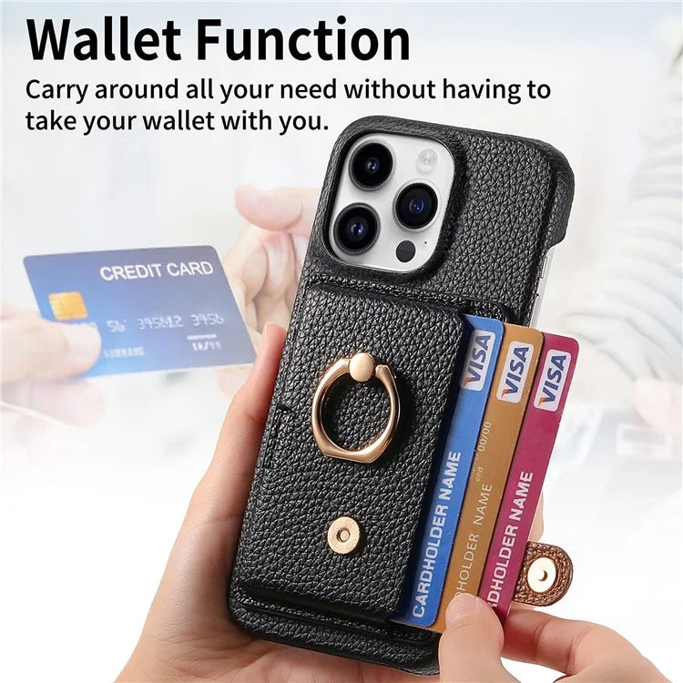 Y2 For iPhone 16 Pro Max Case Ring Holder Kickstand Card Slot Leather Phone Back Cover