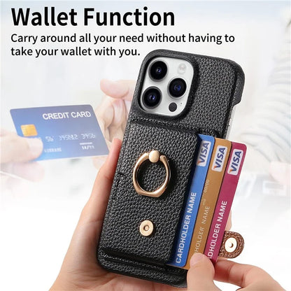 Y2 For iPhone 16 Pro Max Case Ring Holder Kickstand Card Slot Leather Phone Back Cover