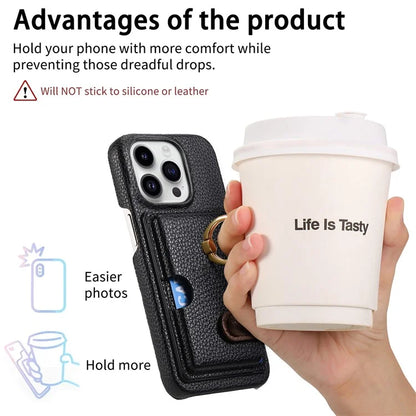 Y2 For iPhone 16 Pro Max Case Ring Holder Kickstand Card Slot Leather Phone Back Cover