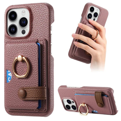 Y2 For iPhone 16 Pro Max Case Ring Holder Kickstand Card Slot Leather Phone Back Cover