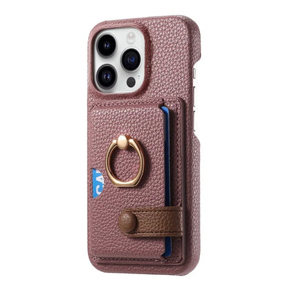 Y2 For iPhone 16 Pro Max Case Ring Holder Kickstand Card Slot Leather Phone Back Cover
