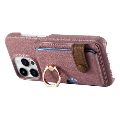 Y2 For iPhone 16 Pro Max Case Ring Holder Kickstand Card Slot Leather Phone Back Cover