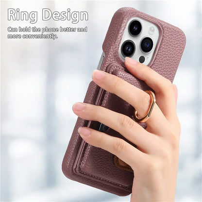 Y2 For iPhone 16 Pro Max Case Ring Holder Kickstand Card Slot Leather Phone Back Cover