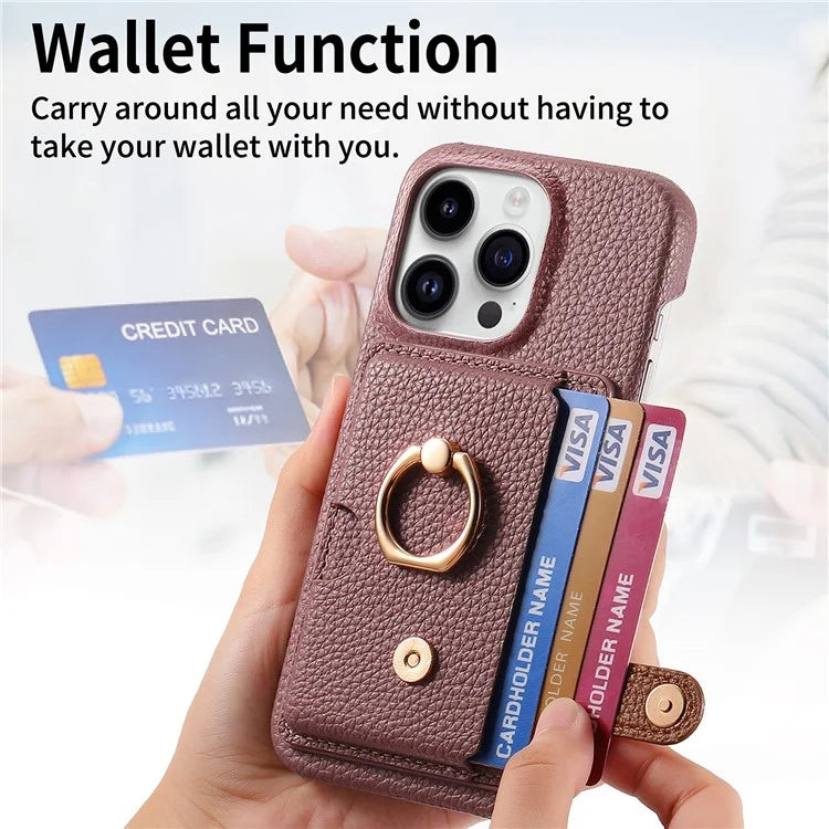 Y2 For iPhone 16 Pro Max Case Ring Holder Kickstand Card Slot Leather Phone Back Cover