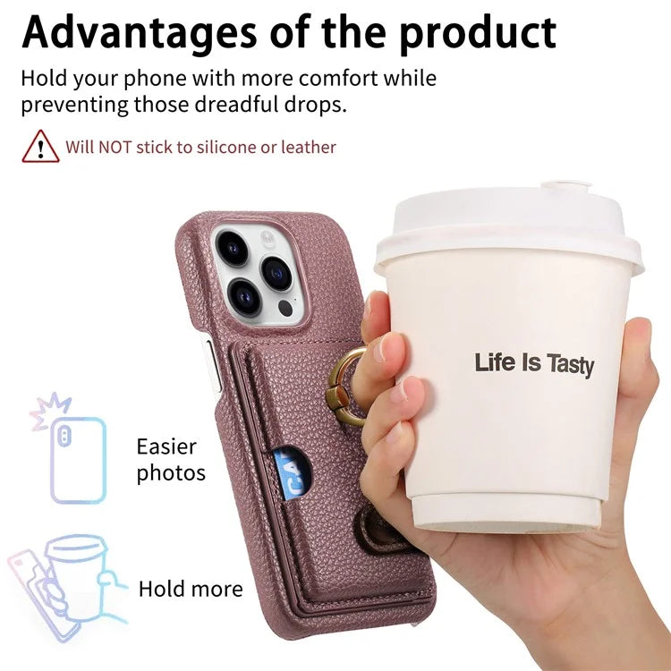 Y2 For iPhone 16 Pro Max Case Ring Holder Kickstand Card Slot Leather Phone Back Cover