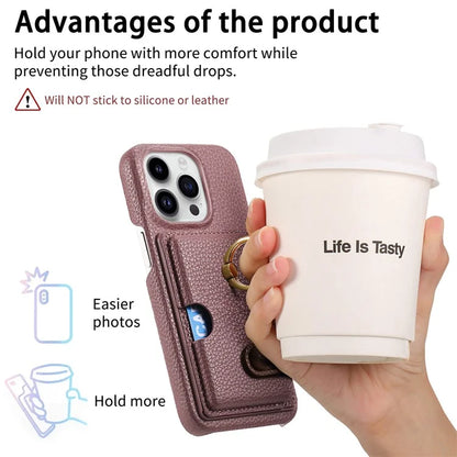 Y2 For iPhone 16 Pro Max Case Ring Holder Kickstand Card Slot Leather Phone Back Cover