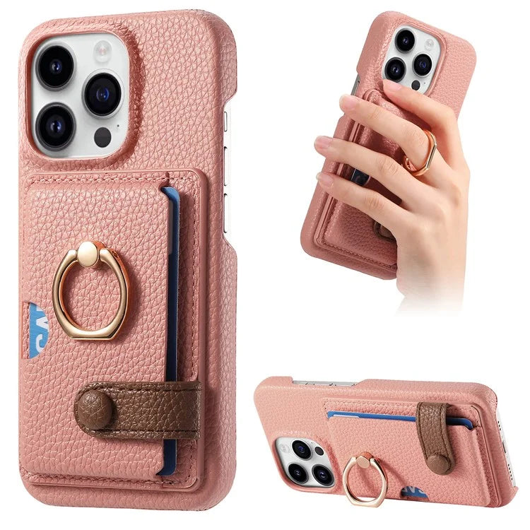 Y2 For iPhone 16 Pro Max Case Ring Holder Kickstand Card Slot Leather Phone Back Cover