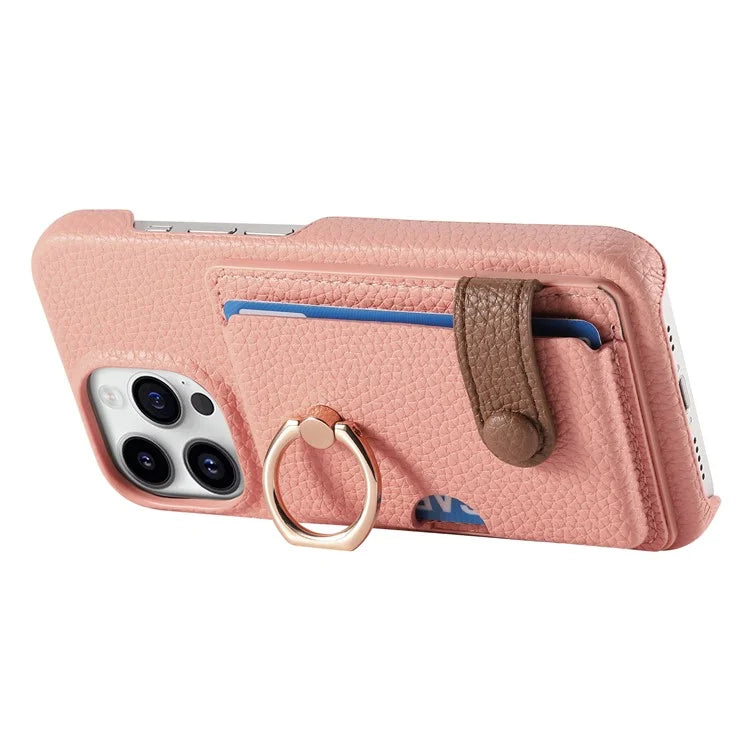 Y2 For iPhone 16 Pro Max Case Ring Holder Kickstand Card Slot Leather Phone Back Cover