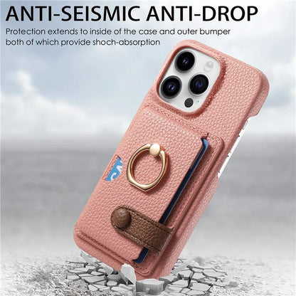 Y2 For iPhone 16 Pro Max Case Ring Holder Kickstand Card Slot Leather Phone Back Cover