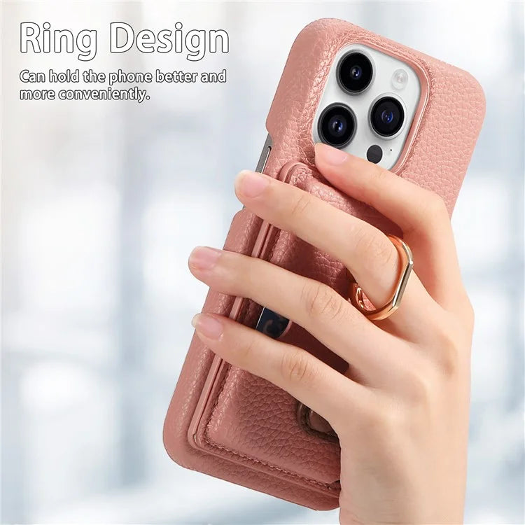 Y2 For iPhone 16 Pro Max Case Ring Holder Kickstand Card Slot Leather Phone Back Cover