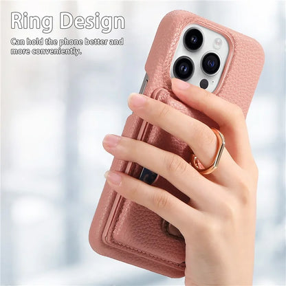 Y2 For iPhone 16 Pro Max Case Ring Holder Kickstand Card Slot Leather Phone Back Cover