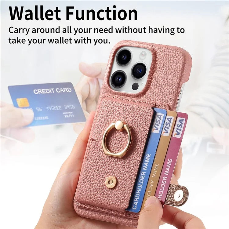 Y2 For iPhone 16 Pro Max Case Ring Holder Kickstand Card Slot Leather Phone Back Cover
