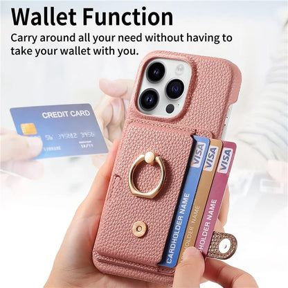 Y2 For iPhone 16 Pro Max Case Ring Holder Kickstand Card Slot Leather Phone Back Cover