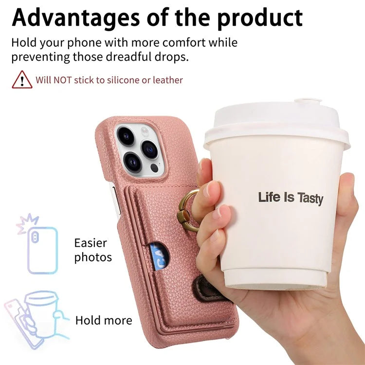 Y2 For iPhone 16 Pro Max Case Ring Holder Kickstand Card Slot Leather Phone Back Cover