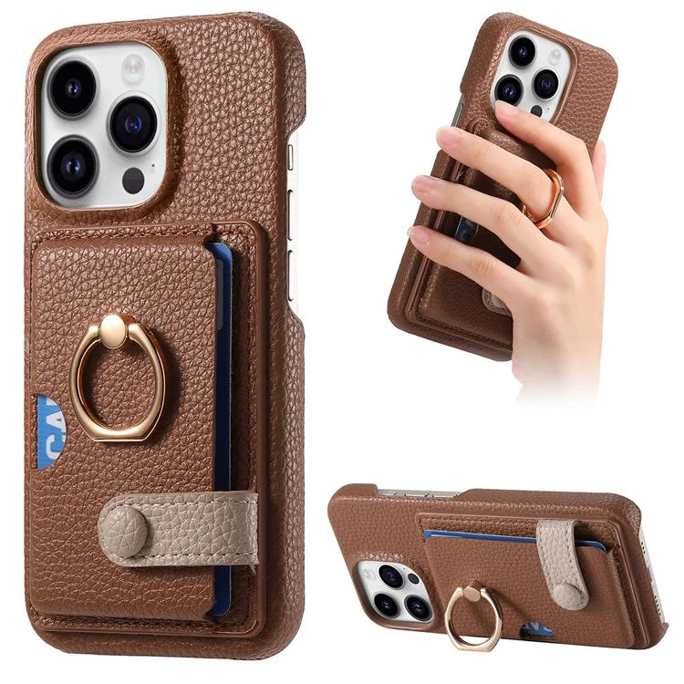 Y2 For iPhone 16 Pro Max Case Ring Holder Kickstand Card Slot Leather Phone Back Cover