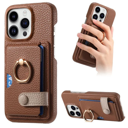 Y2 For iPhone 16 Pro Max Case Ring Holder Kickstand Card Slot Leather Phone Back Cover