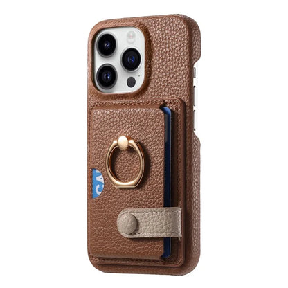 Y2 For iPhone 16 Pro Max Case Ring Holder Kickstand Card Slot Leather Phone Back Cover
