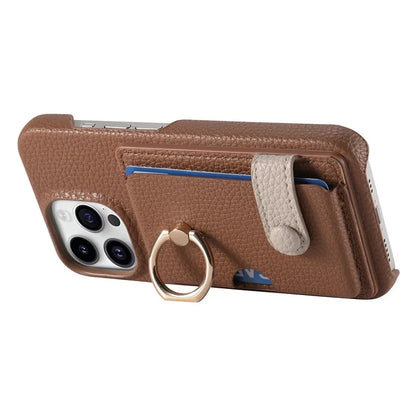 Y2 For iPhone 16 Pro Max Case Ring Holder Kickstand Card Slot Leather Phone Back Cover