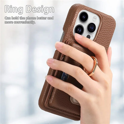 Y2 For iPhone 16 Pro Max Case Ring Holder Kickstand Card Slot Leather Phone Back Cover